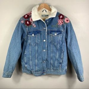 TopShop Embroidered Sherpa Denim Jacket